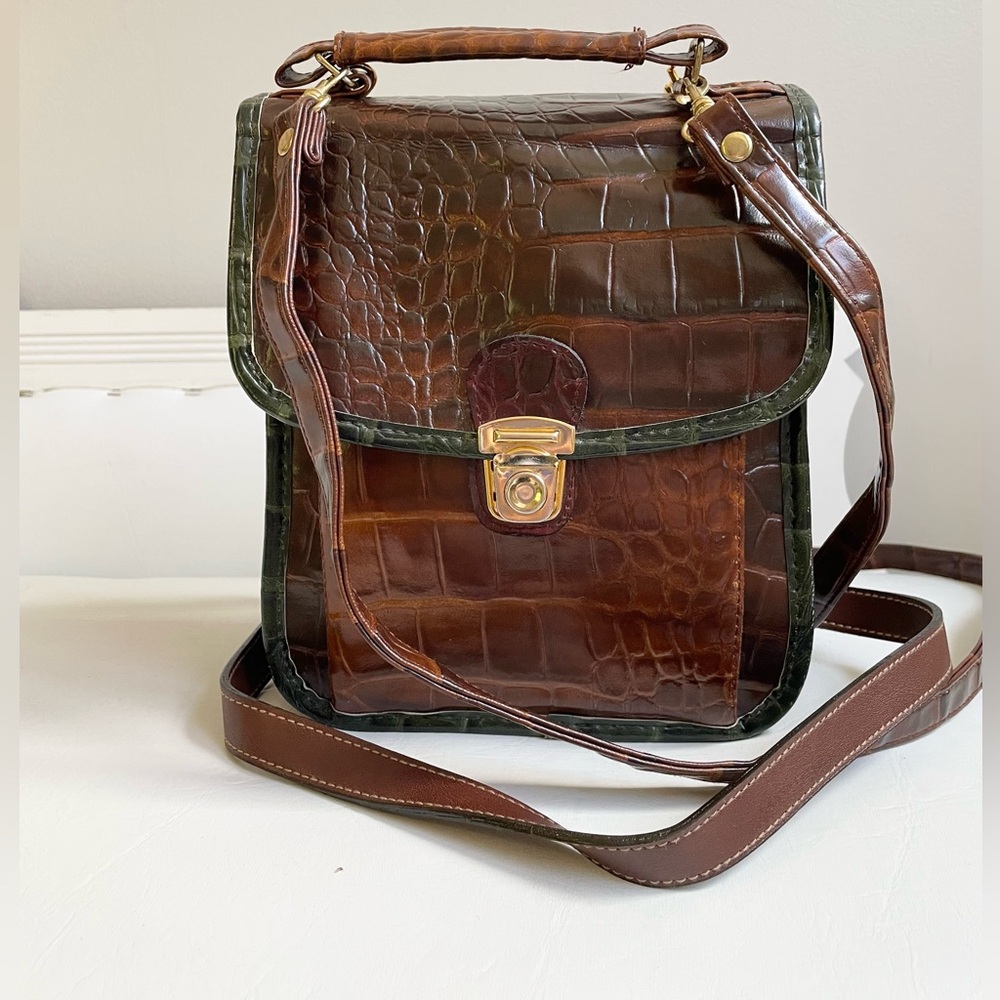 VINTAGE BROWN BLACK FAUX CROCODILE SHOULDER BAG TWO REMOVABLE STRAPS MESSENGER